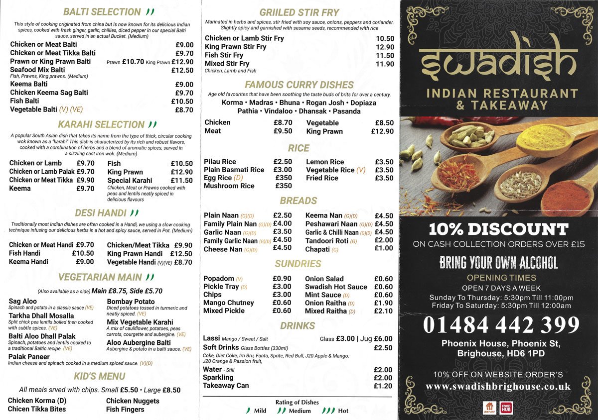Swadish Indian Restaurant Brighouse menu front page with authentic Indian dishes
