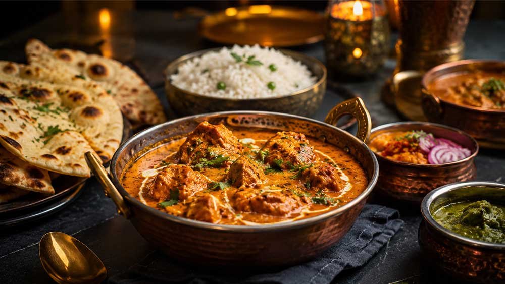 Authentic Indian curry, naan and rice at Swadish Indian Restaurant Brighouse